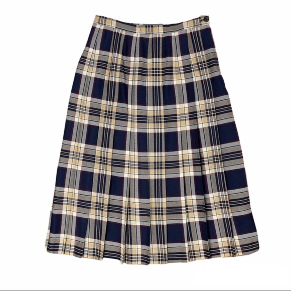 Vintage Plaid Midi Skirt - Navy and Cream